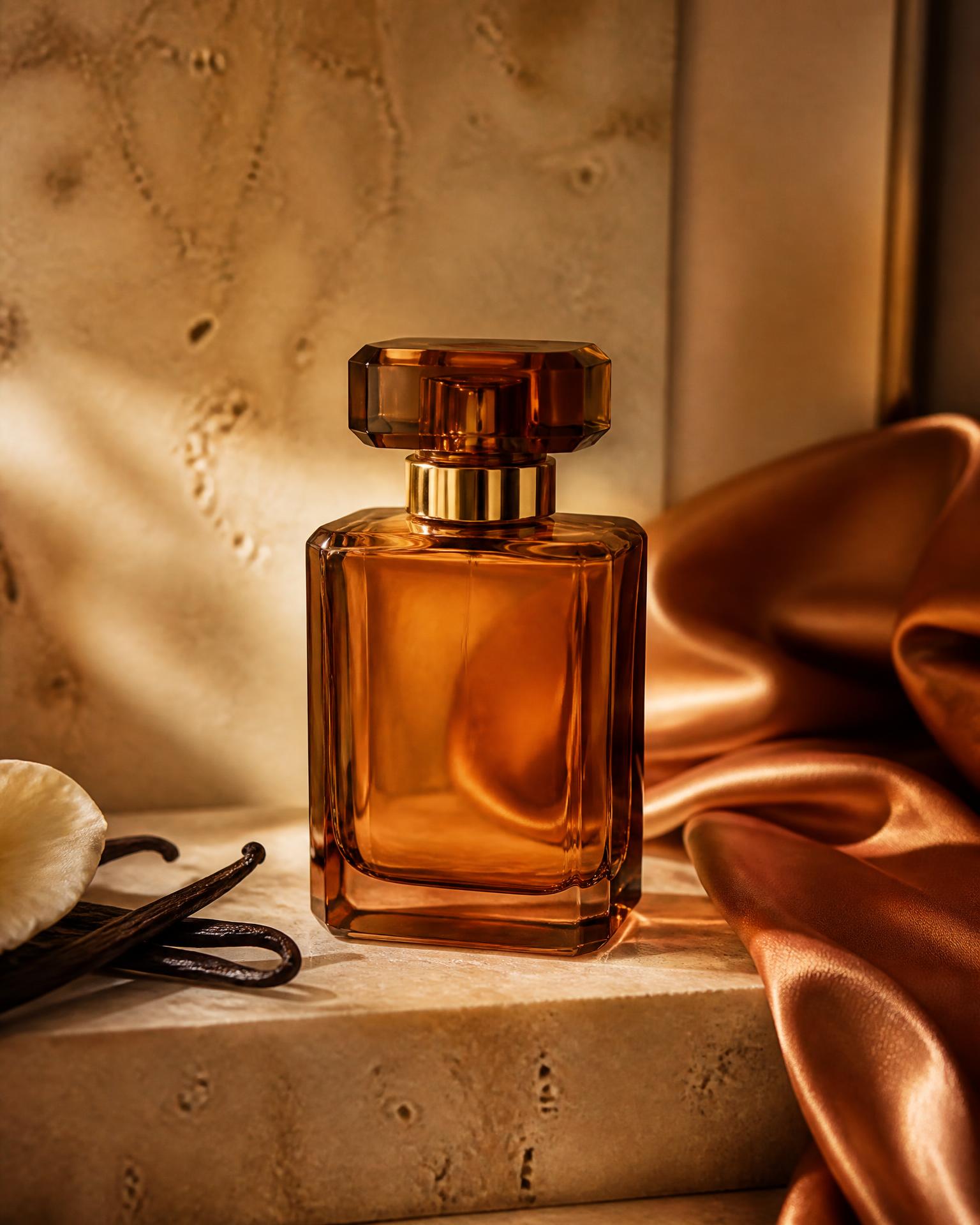 Amber fragrance bottle with vanilla, cacao, and golden resin